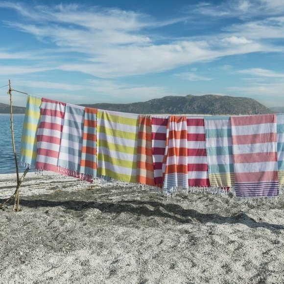 Striped 100% cotton Turkish pestemal towel olive and purple combo - Picture 2 of 2